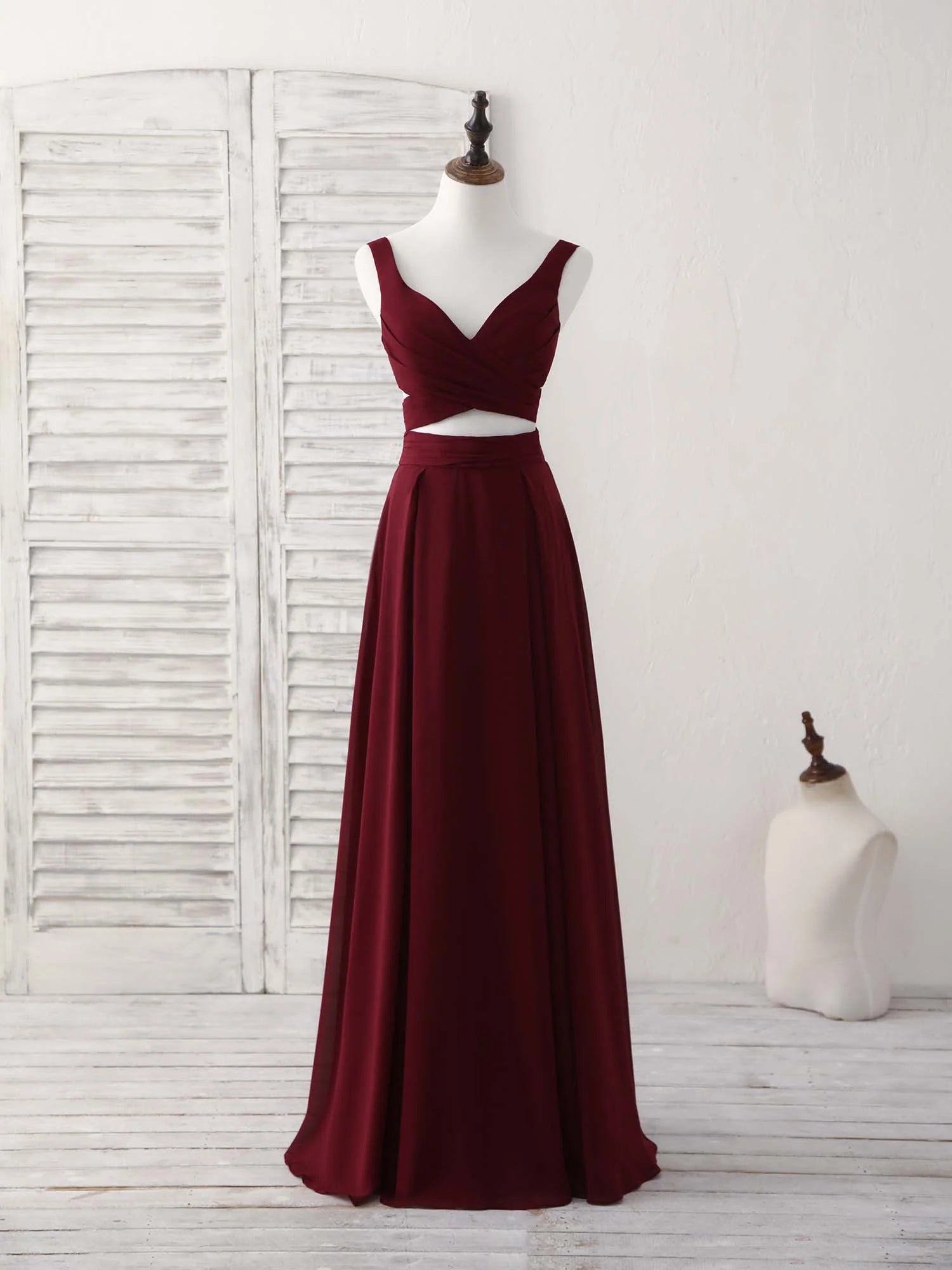 Buyishang Burgundy Two Pieces Chiffon Long Prom Dress Evening Dress Bridesmaid dress shop